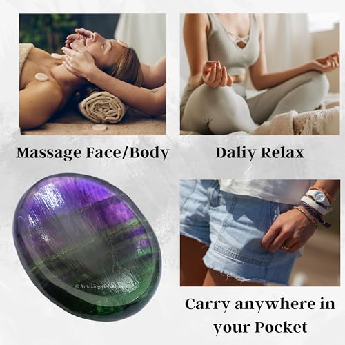 Image of Amazing Gemstone Fluorite Worry Stone and Healing Crystals - Piedra Crystal Fidget for Gift, Meditation, Calming, Relaxation, Stress Relief