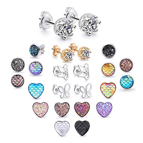 20 Pairs Druzy Stud Earrings for Women, 925 Sterling Silver Hypoallergenic Earring Sets, Stainless Steel Heart Shaped Round Studs Earrings Pierced Jewelry for Girls