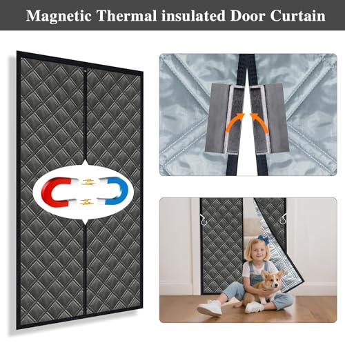Aozzy Magnet Wärmeschutzvorhang für Türen 96x210 cm - 3-fach verstärkter Winter-Isoliervorhang aus Oxford-Stoff, Baumwolle & Alufolie. Blockiert Kälte, Wind und Wärmeverlust. Schwarz