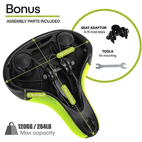 Tonbux Comfortable Bicycle Seat, Bike Seat Replacement With Dual Shock Absorbing Ball Wide Bike Seat Memory Foam Bicycle Seat With Mounting Wrench (Black/Green With Reflective Sticker) #TOP4