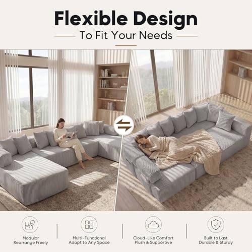 Image of Oversized Cloud Boneless Couch with Chaise, 146 inch Modern U Shape Modular Deep Seat Sectional Sofa, Comfy Corduroy Upholstered Couches for Living Room, No Assembly Required-Light Grey