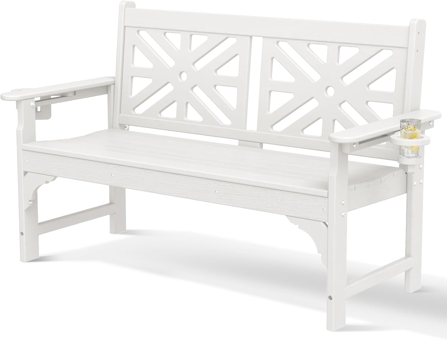 Oversized Outdoor Bench with Cup Holders, 51.5” HDPE Aesthetic Garden Bench for 2 Person, Memorial Benches - Easy Assembly & All Weather, for Porch & Patio, 800lbs Load Capacity (White, 1pc)