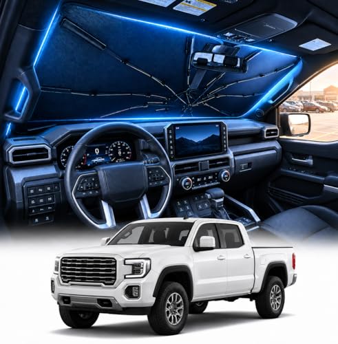 [2026 Upgraded] DooGooCoo Windshield Sun Shade Umbrella for GMC Sierra [100% Sunlight Blocked Cooling Ice Crystal] Sunshade for Car Windshield for Sierra Sun Shade 2014-2026 Custom Fit for Sierra.