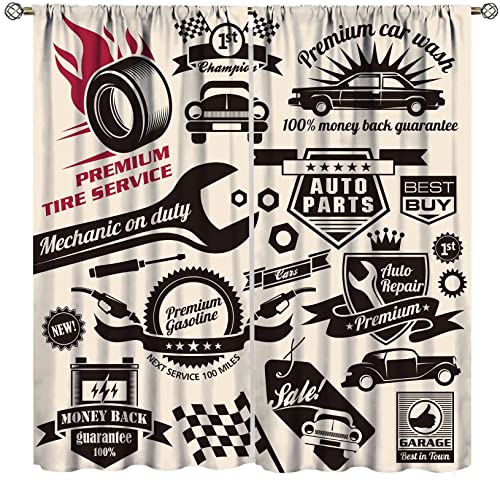 Retro Man Curtains, Car Repair Shop Logos Monochrome Car Silhouettes Best Garage in Town, Living Room Bedroom Blackout Rod Pocket Window Drapes 2 Panel Set 42x45 Inch