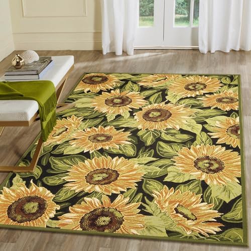 Liora Manne Marina Indoor/Outdoor Power Loomed Synthetic Blend Low Profile Area Rug - Traditional Graphic Botanical Floral Camping (Sunflowers Black) (8'10" x 11'9")
