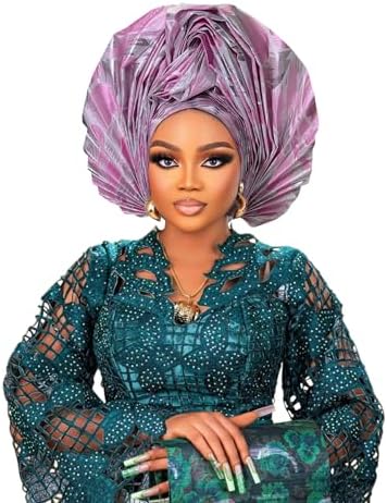 Nigerian Women's hat African gele Head wrap for Women,auto gele Nigerian Headwear,Turbans for Women Weddings Parties Event (Pink)