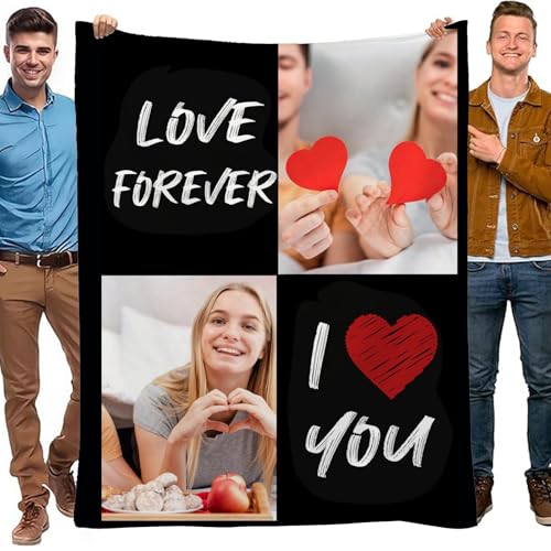Manta personalizada con 2 fotos y palabras 'Love You', regalo personalizado para esposa, marido, San Valentín