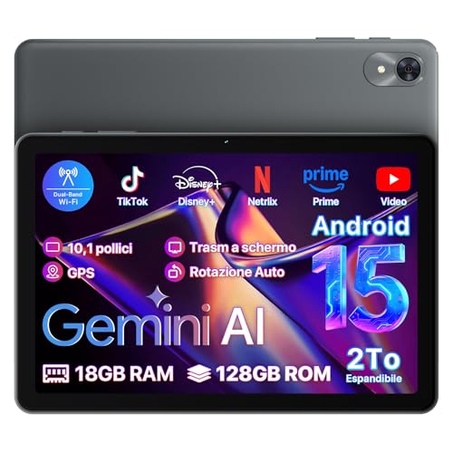 18GB+128GB Tablet Android 15: Con memoria espandibile fino a 18 GB di RAM e 128 GB di ROM, questo tablet Android gestisce con disinvoltura il multitasking quotidiano, l'utilizzo come tablet bambini per i giochi, il lavoro da casa o durante i viaggi. Questo tablet 10 pollici offerte rappresenta un'eccezionale opportunità di rapporto qualità-prezzo nel segmento dei tablet economici .