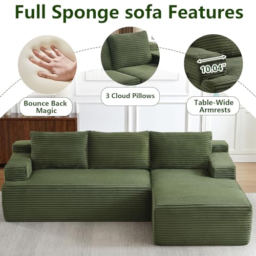 Image of 96 inch Modular Sectional Sofa, Modern Corduroy Cloud Couch, Boneless Couch Upholstered 3-Seater L-Shaped Sofa for Living Room, No Assembly Required (Green, Right-Facing Chaise)
