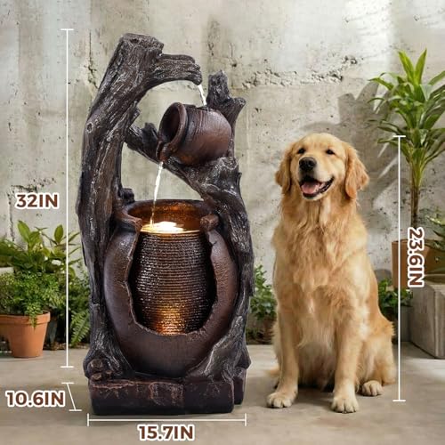 Image of Jocoevol 32 inch H Outdoor Water Fountain, 2-Tiers Clay Pot Waterfall Fountain