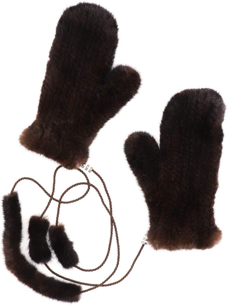 surell Mink Fur Mittens w Removable Rope String - Soft Winter Gloves - Luxury Cold Weather Clothing Accessory - Women
