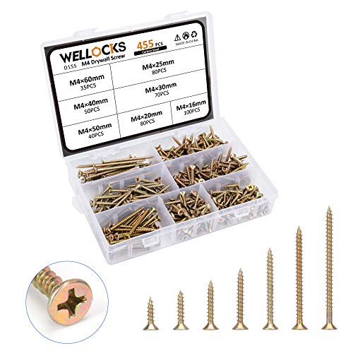 WELLOCKS Drywall Screws 455 Pcs M4×5/8' to 2-1/2' Wood Screw Assortment Kit Self Tapping with Coarse Thread Bugle Head Phillips Drive Yellow Zinc Coating for Home Handmade Repair Installation (D155)