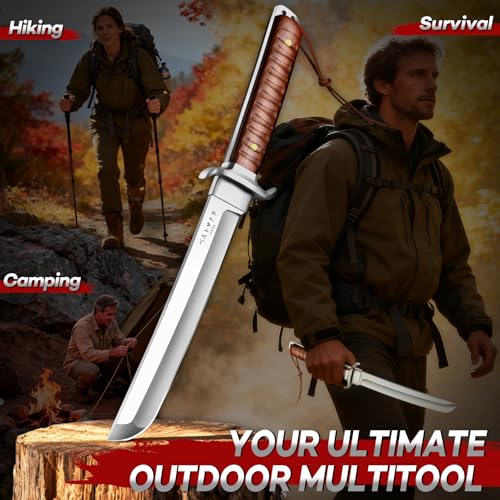 Purple Dragon Outdoor Messer mit Japan 5 mm Dick D2 Stahl Klinge, Tanto Messer mit Dragon-Phoenix Gravierte Holzscheide, Machete Scharf für Camping, Wandern und andere Survivalaktivitäten