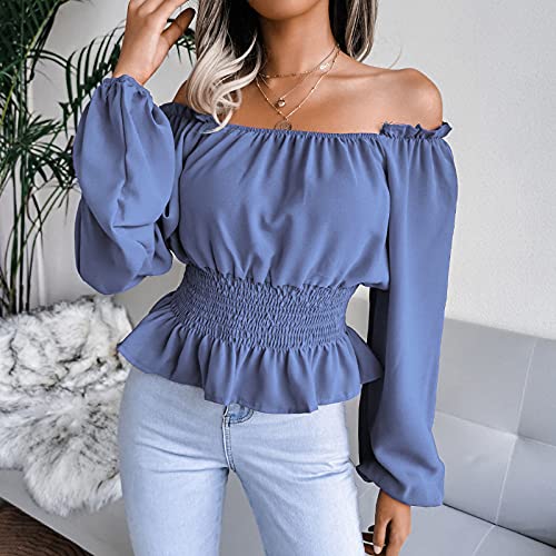 Sunlucky Womens Shoulderless Long Sleeve Pleated Blouse Solid Color Tunic Tops Blue #TOP1