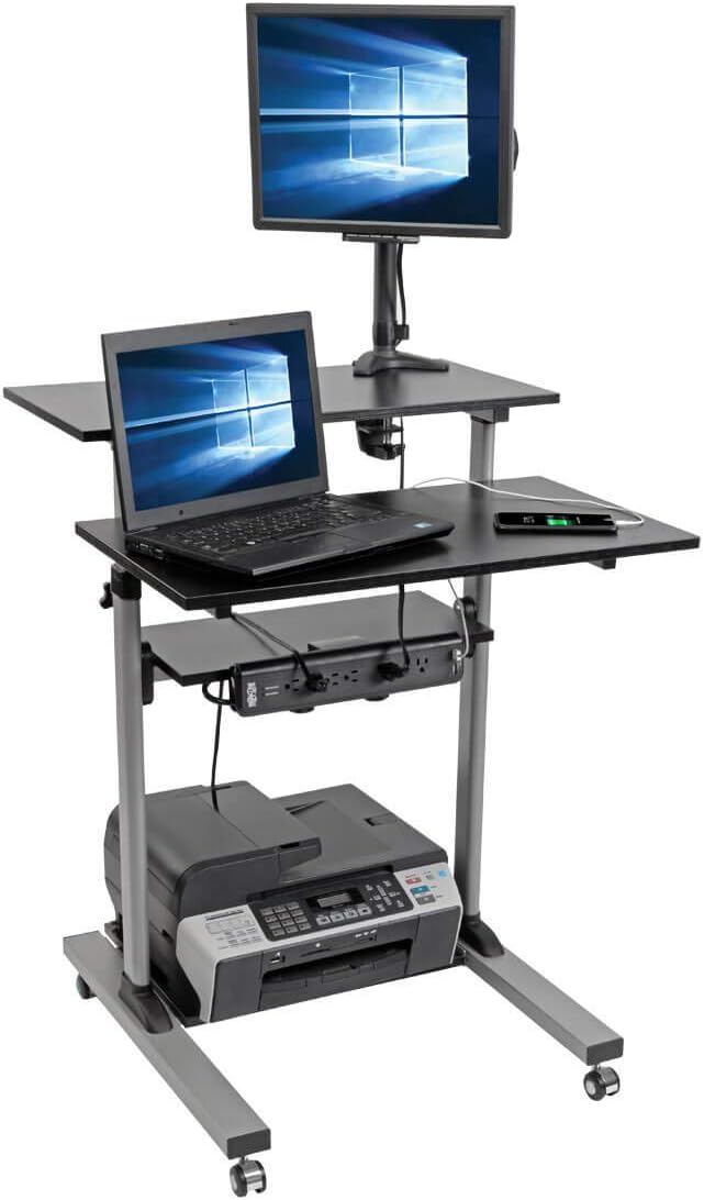 TRIPP LITE Mobile Sit Stand Desk, Height Adjustable Small Rolling Laptop Cart Workstation Workspace, 4 Shelf Storage, Home Office & School, 5-Year Warranty (WWSSRC)