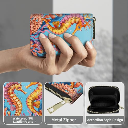 Image of Cute Credit Card Holder with Zipper, Seahorse RFID-Blocking Card Case Small Wallet for Women Men, Multi-slot Card Organizer Case Travel Accordion Wallet