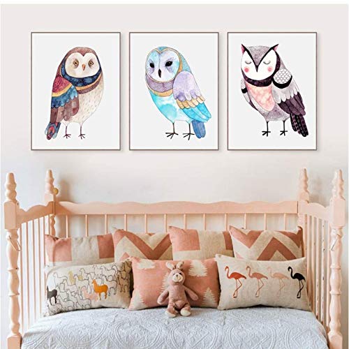 Peinture hibou aquarelle pour émerveiller l'enfance, tableau décoration murale 50x70cm