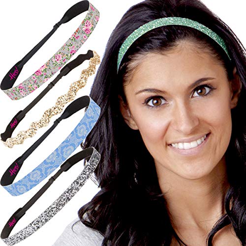 Hipsy Women's Adjustable No Slip Victorian Scroll Headbands (L. Blue & Seafoam Glitter Multi 5Pk) #TOP20