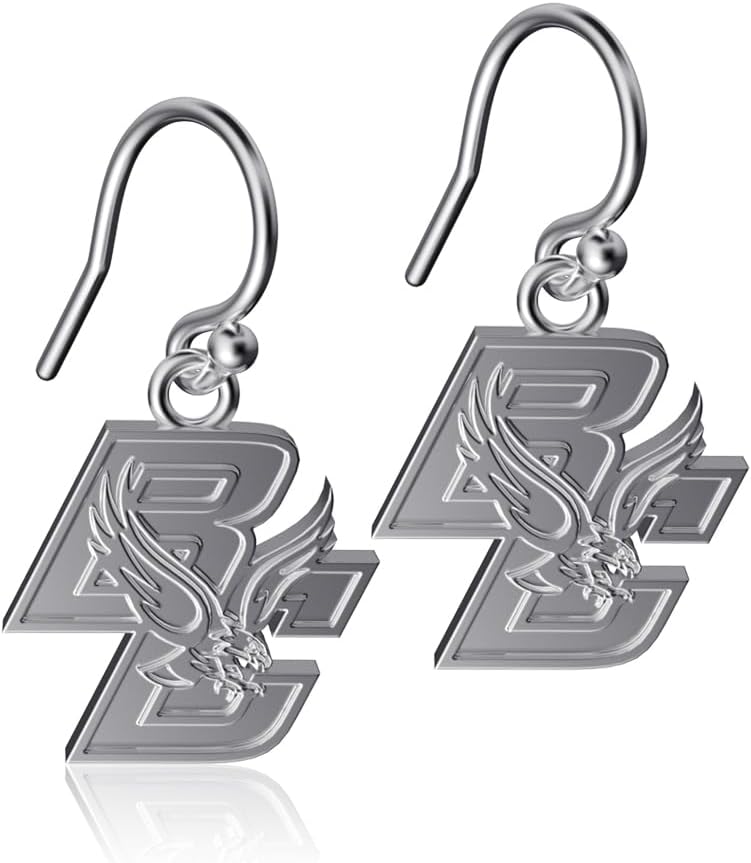 Boston College Dangle Earrings - Platinum over 925 Solid Sterling Silver French Earwire, Officially Licensed Jewelry Gifts for Coaches and Women Graduates and Alumni, Eagles Charms by Dayna Designs