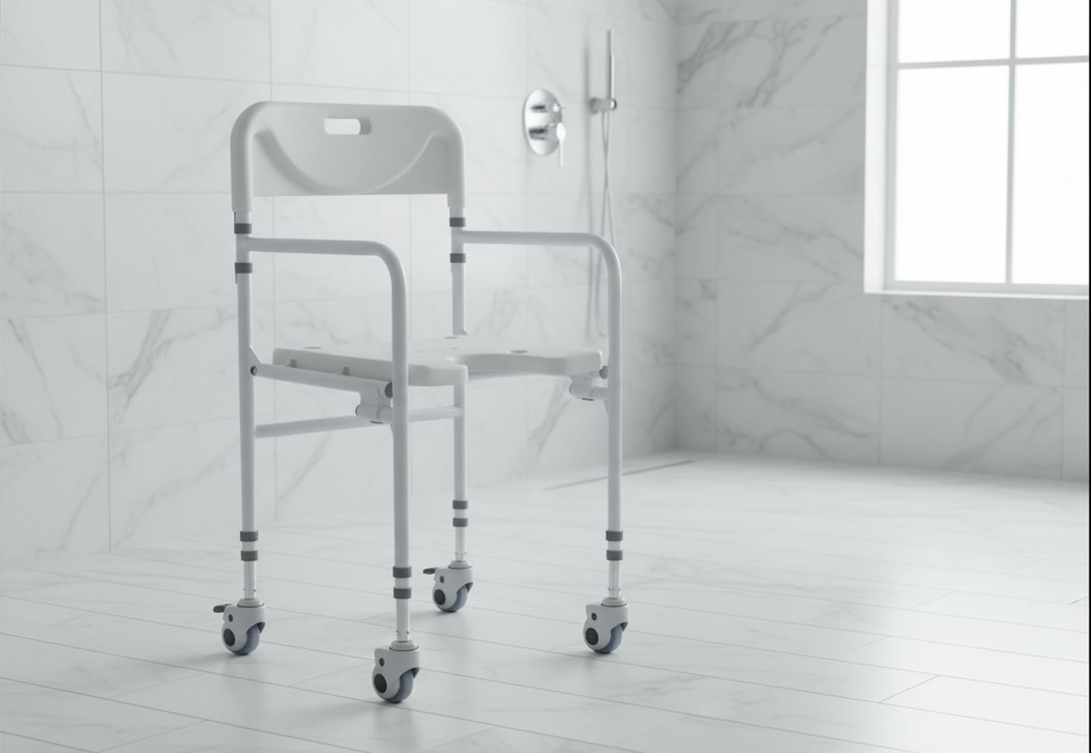 Ausilium Sedia da Doccia Pieghevole con Ruote e Freni per Anziani e Disabili - Sedia Bagno in Alluminio Regolabile in Altezza, Seduta Ergonomica Antiscivolo - Portata 114 kg