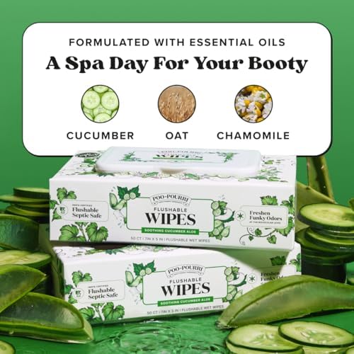 Poo~Pourri Flushable Wipes - Made with Plant Based Fibers, Aloe, Vitamin E, Chamomile, and Oat Extract - Adult Wet Wipes - Cucumber & Aloe Essential Oil - 50 count Dispenser Box - Sewer & Septic Safe — view 3