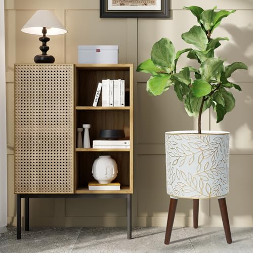 12inch Plant Pots with Wood Planter Holder Indoor Flower Pot with Gold Floral Embossed Modern Planters with Drainage Holes for Living Room, Office, Garden or Balcony