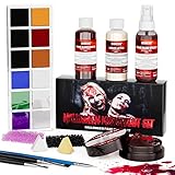 Halloween Kunstblut Set mit 60ml Kunstblut Dunkel + 50ml Filmblut Spray + 50g Kunstblut Gel + 60ml Latexmilch + 8 Farben Schminke, Fake Blood Wunden Make-Up Auswaschbar für Haut & Motto-Party Kleidung