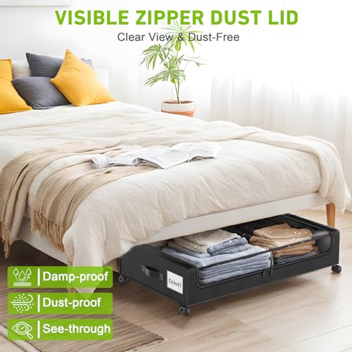 Image of YAASHEEN Under Bed Storage with Wheels, 4-Pack Under Bed Storage Containers with Clear Lids & Label, XXL 60L Rolling Metal Drawer for Clothes, Shoes, Toys, Books - Black