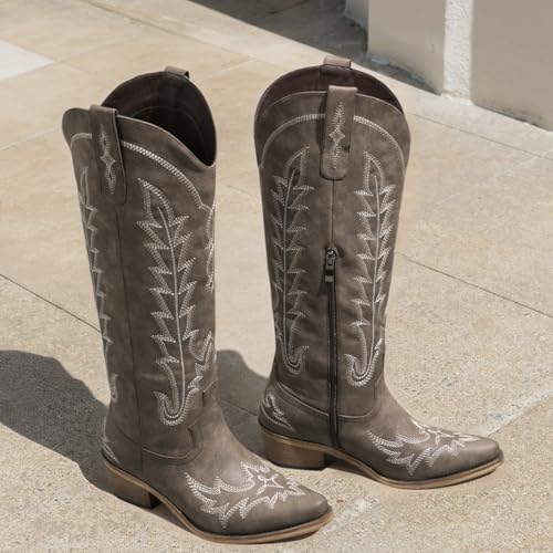 Image of Rivalran Cowboy Boots for Women - Knee High Pointed Toe Chunky Heel Pull On Zipper Western Cowgirl Boots, Retro Country Vintage Fashion Tall Boots