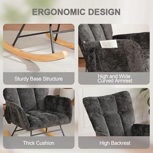 Image of Rocking Chair Nursery with Airbag, Nursery Rocking Reading Chair Indoor, Cozy Upholstered Glider Rocker Chairs with High Backrest for Living Room Bedroom Offices(Chenille, Black)