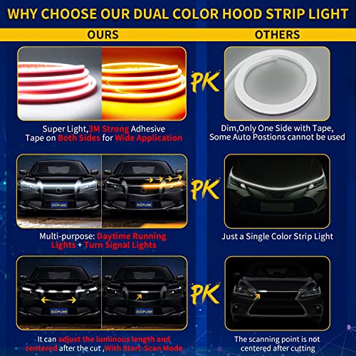 Image of Exterior Car LED Hood Light Strip,Dual Color Dynamic Scan Start Up Hoodbeam Kit,Led Daytime Running Lights White&Amber Switchback Sequential Turn Signal Lights for Cars, Trucks,SUV(79inch /1set)