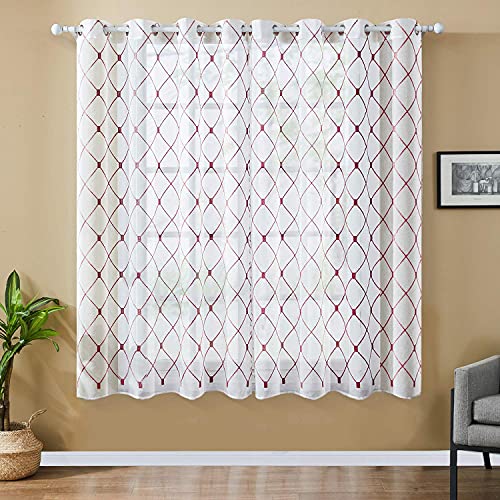Top Finel Christmas Red Embroider Panels White Sheer Curtains 63 Inch Length Grommet Window Treatments For Living Room Bedroom, 2 Pieces #TOP5