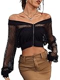 Verdusa Women's Fishnet Sheer Long Sleeve Hooded Crop Jacket Black S