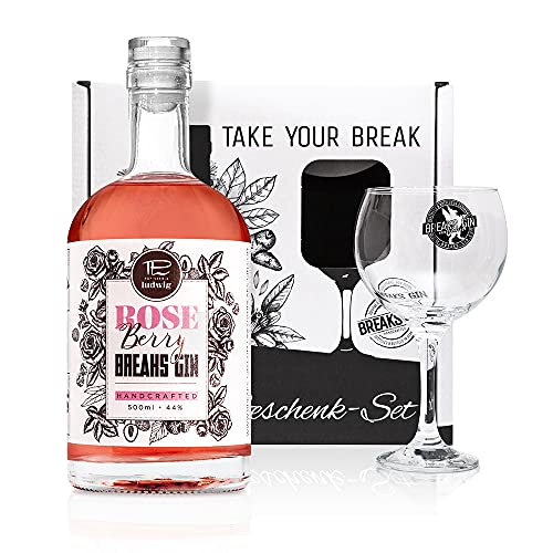 Breaks ROSE BERY Gin - Geschenk Set mit Glas + 500 ML Gin - Ausgezeichneter Gin mit Rosen, Himbeeren & Litschis - Mild…