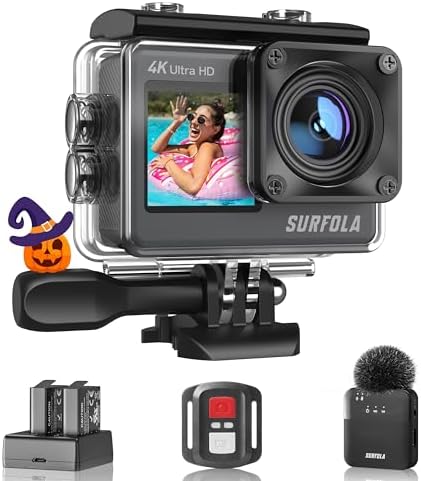 Surfola Action Cam 4K/30FPS 24MP Dual Screen Touchscreen EIS WiFi PC Camera Underwater Camera with Remote Control 2 Batteries and Accessories Kit