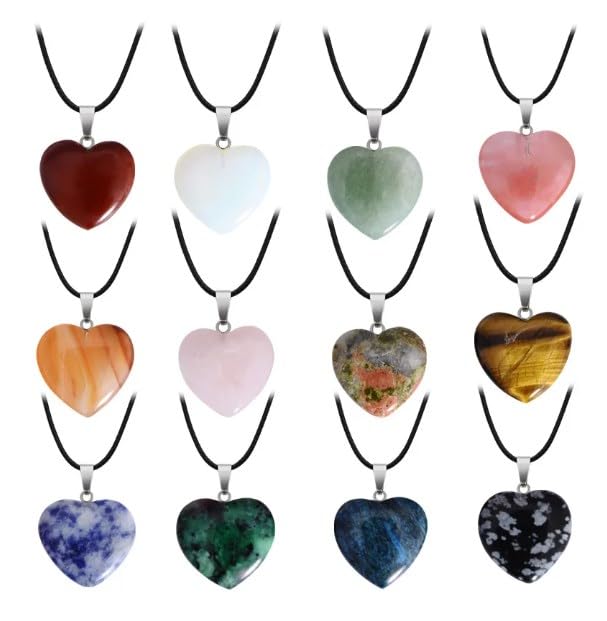 LE SKY 20 Pcs Natural Stone Necklace Healing Heart Gemstone Pendants Crystal Charms PU Leather Cord for Women Jewelry Gift