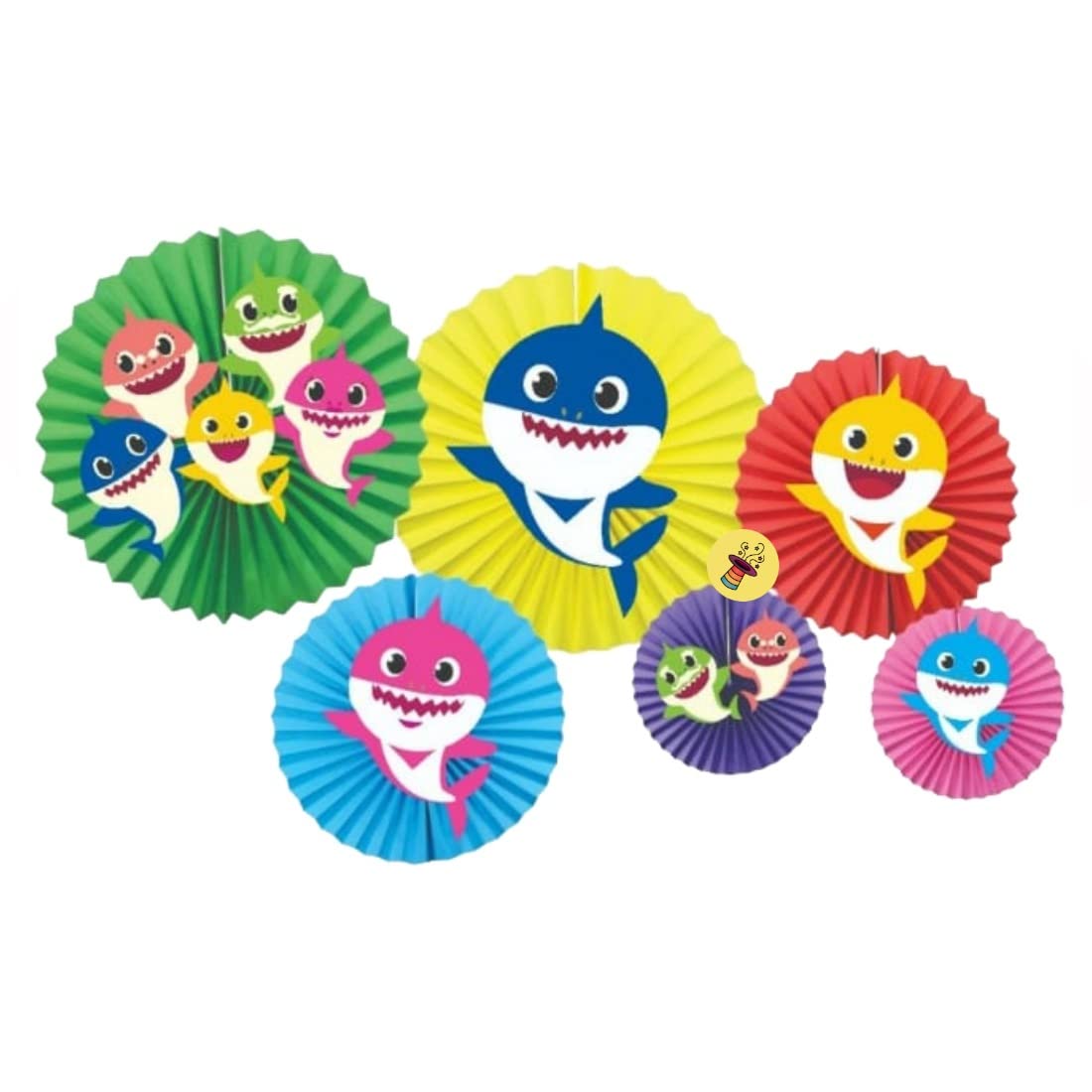 Baby Shark Paper Fans (6 pcs.) for Kid's Shark Theme Unisex Birthday Party Decorations