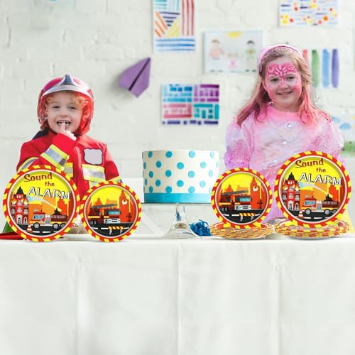 Image of 100 Pcs Firetruck Birthday Party Decorations Fireman Plates and Napkins for Firefighter Party Supplies Fire Truck Birthday Theme Disposable Dinnerware Set for Kids Fireman Party Favors Serve 25