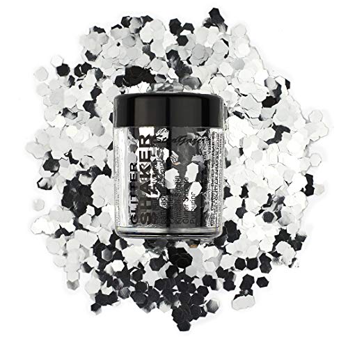 Stargazer Chunky Glitter Shaker, Silver. Cosmetic glitter for use on the eyes, lips, face, body, hair and nails.