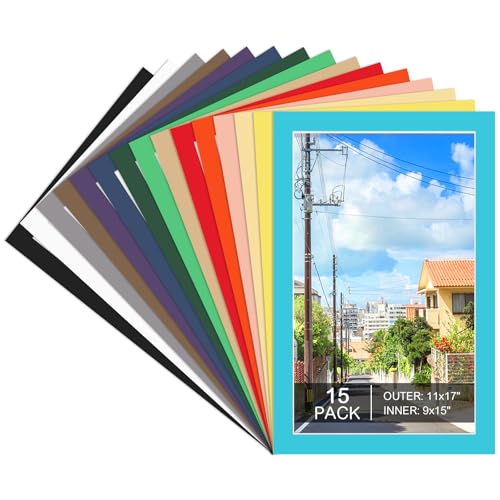 15 Pack 11x17 Picture Mats for 9x15 Photos Mixed Colors Bevel Cut