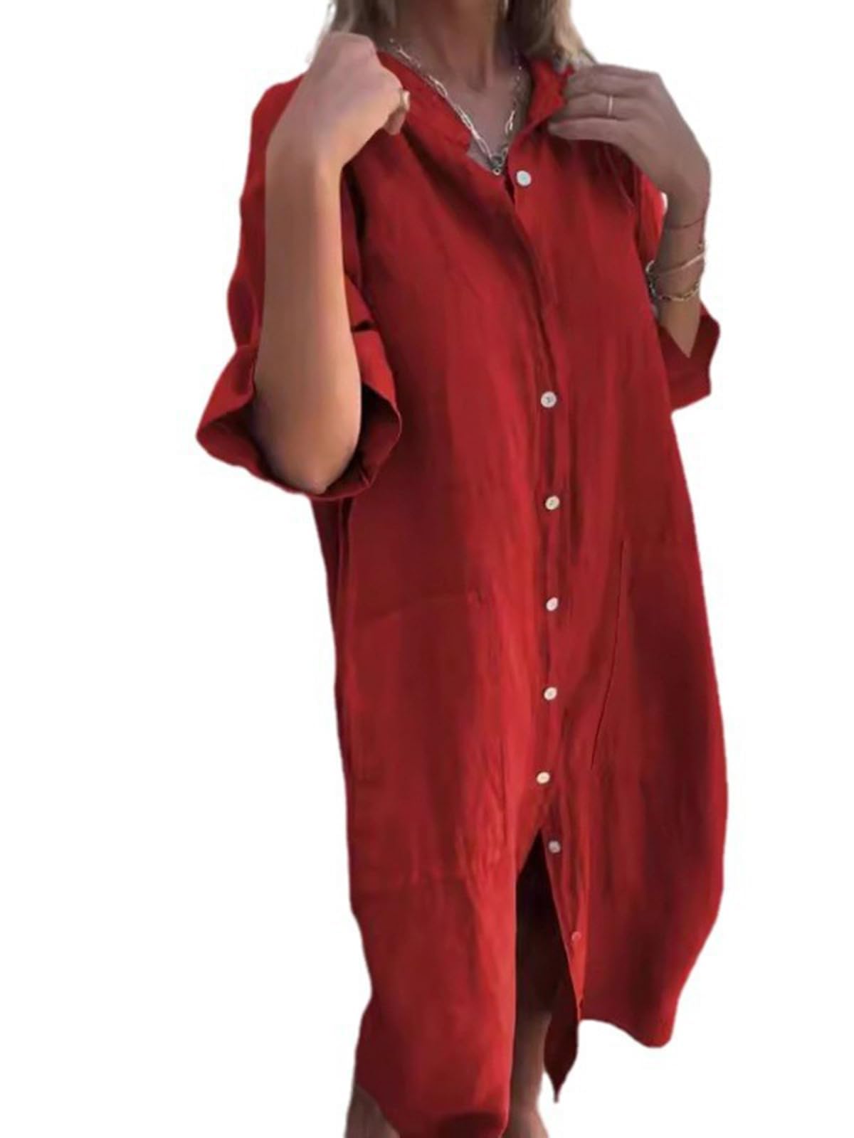 ZOCAVIA Womens Cotton Linen Shirt Dress Plus Size Casual Half Sleeve Button Down Maxi Dress with Pockets Beach
