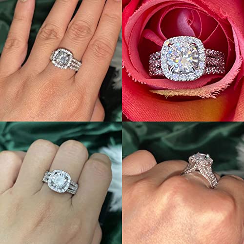 CEJUG 18K White Gold Plated Cubic Zirconia Halo Engagement Promise Eternity Rings for Women Wedding Bands Bridal Ring Set Size 6-104