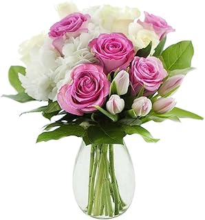KaBloom Flowers - Bouquet of 5 Pink 5 White Rose 1 White Hydrangea 5 Pink Tulip With Lush Greens With Vase - Gift for Birthday, Sympathy, Anniversary,Thank You, Valentine, Mother’s Day Fresh Flowers