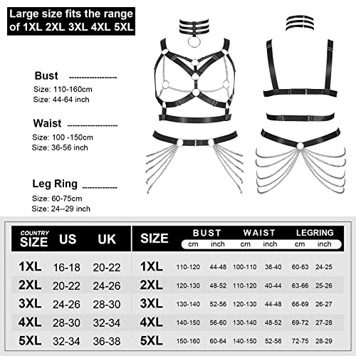Plus Size Body Harness Fat Woman Girl Metal Chain Full Hollow Out Cage Bra Leg Stockings Garter Belt Set Gothic Rave Clothing (Black) #TOP3