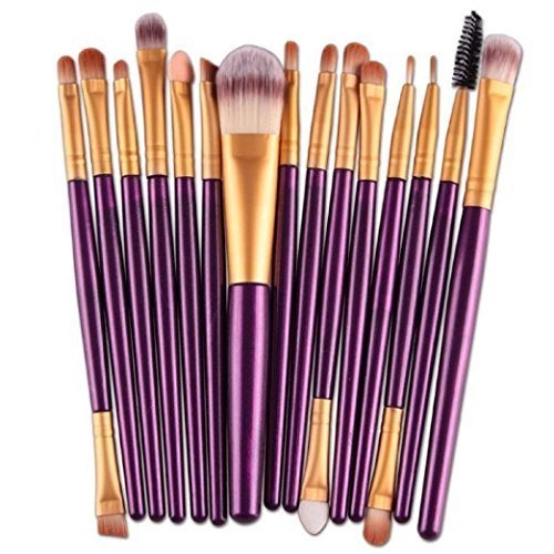 Sankuwen 15PCs Makeup Brush Set Tools Toiletry Kit (Purple-Golden)