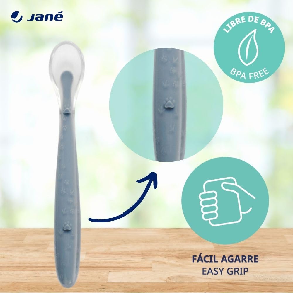 Jané Cucharas de Silicona Bebé, 4 pcs Cuchara Aprendizaje, Punta Silicona Blanda, Libre BPA, Apto Lavavajillas, Color Sunset