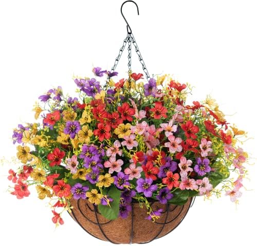 Artificial Flowers with Hanging Basket Planter for Home Decoration, Daisy Orchid Outdoor Indoor Garden Yard, Metal Coconut Lining Basket with Faux Plant, Mix Color