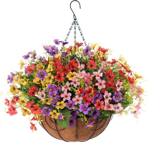 Artificial Flowers With Hanging Basket Planter For Home Decoration, Daisy Orchid Outdoor Indoor Garden Yard, Metal Coconut Lining Basket With Faux Plant, Mix Color #TOP2
