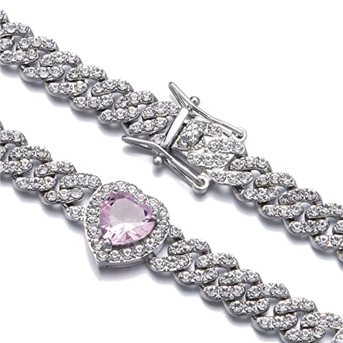 Apzzic 9Mm Miami Prong Cuban Link Chain Iced Out Paved Heart Shape Rhinestones Cz Bling Rapper Bracelet For Women Silver 8Inch Pink #TOP1