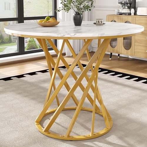Merax Table à manger ronde 80 × 80 × 76 cm, pour 2 à 4 personnes, petite table pour salon, cuisine, salle à manger, effet marbre blanc, panneaux MDF,...